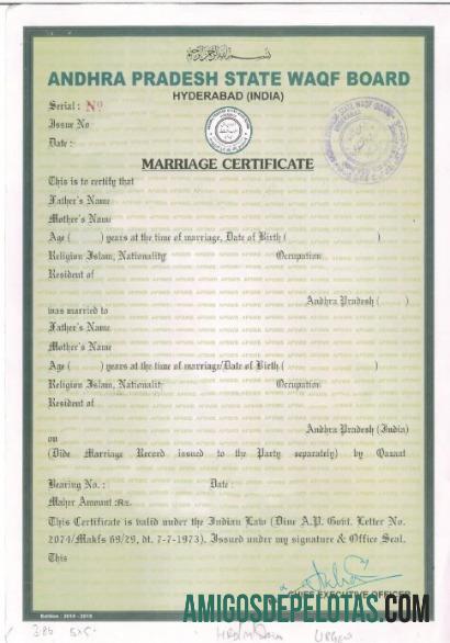 Certidão de Casamento do Conselho WAQF do Estado de Andhra Pradesh na Índia modelo